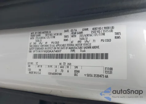 2016 Ford Transit-250 z USA, uszkodzony, nr VIN 1FTYR1YM2GKA74007